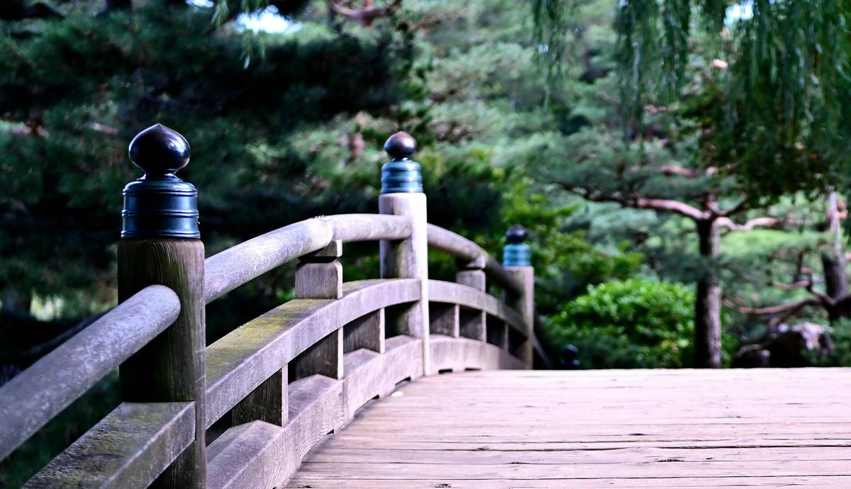 landscaping small garden bridge ideas featuring a cedar arch bridge over a dry creek bed with river rocks and ferns